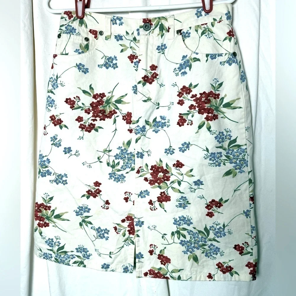 Eddie Bauer Vintage Y2K White Red Blue Skirt Front Pockets 100% Cotton Denim